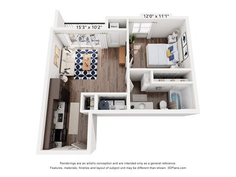 Floor plan for 1 bed, 1 bath, 607 sqft